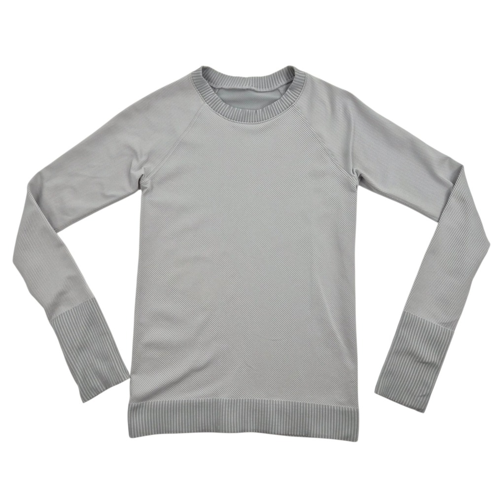 Lululemon Swiftly Tech Long Sleeve Top Gray White Striped Thumbholes‎ Size 6